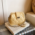Elegant beige quilted chain bag with silver twist lock on a vintage book and suitcase - Yellow