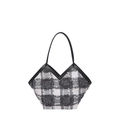 Sac cabas chic en tweed à carreaux avec coupe en V et poignées en cuir noir sur fond blanc - Noir