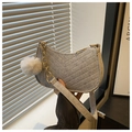 Detail of light gray felt crescent bag with V-quilted texture and gold chain - With Pom Pom Pendant / Gray