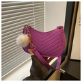 Detail of purple chevron quilted hobo bag with gold chain and white faux fur pompom - With Pom Pom Pendant / Purple