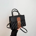 Retro contrast small square bag in black and brown with quilted faux leather texture - Black