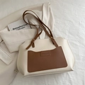 Bolso tote grande de cuero bicolor crema y marrón con correas de hombro ajustables - Blanco