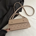 Beige checkered leather crossbody bag with top handle and elegant embossed pattern - Khaki