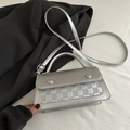 Silver metallic mini handbag with checkered flap design and top handle for women - Silver