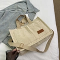 Beige Cord-Tragetasche mit zwei Fronttaschen und verstellbarem Schultergurt - Khaki
