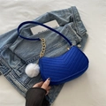 Royal blue quilted baguette shoulder bag with gold chain strap and white pompom charm - Blue with Pendant