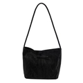 Minimalist black glossy tote bag with delicate bow and elegant pleated texture - Black