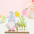 Easter wooden gnome ornament with blue hat and bunny ears holding colorful eggs - Blue Hat Fence