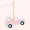 Pink wooden Easter truck hanging ornament with white rabbit and colorful eggs details - Rabbit Style / Small C