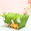 Green felt Easter basket featuring a cartoon rooster, white daisies and garden fence - Grass Hen Style (Easter Square Basket Style B)