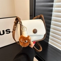 Vintage cream and brown small square crossbody bag with cute orange monster plush charm - With Ornament / White
