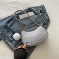 Gray felt underarm bag with V-quilted pattern and white faux fur ball charm - Grey with Charm
