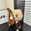 Beige contrast small crossbody bag with brown trim and cute monster plush pendant - With Ornament / Khaki