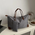 Borsa tote capiente in nylon impermeabile grigio con manici in finta pelle marrone - Grigio