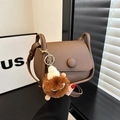 Vintage brown contrast flap crossbody bag with cute plush monster charm and adjustable strap - With Ornament / Brown