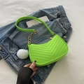 Neon green baguette bag with V-quilting, gold chain, and white plush pompom charm - Green with Pendant