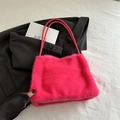 Bright pink faux fur tote bag with long fluffy texture and stylish dual top handles - Rose Red