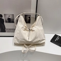 Minimalist cream white tote bag with ruched design and drawstring closure for women - No Pendant / White