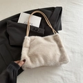 Minimalist beige plush faux fur tote bag with slim brown handles for women - Khaki