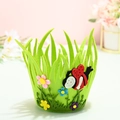 Grass green felt Easter basket with colorful felt flowers and a red ladybug ornament - Model A Bee