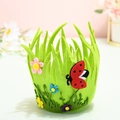 Green Easter felt basket with colorful floral motifs and a small ladybug decoration - Model B Ladybug