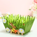 Easter felt basket in grass green with bunny and daisy decorations for gift storage - Grass Carrot Rabbit Style (Easter Square Basket Style D)