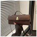 Detailaufnahme der braunen Flechtstruktur und goldener Schnalle einer modischen Tasche - Braun