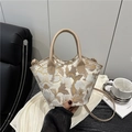 Sac à main beige brodé de fleurs avec anses en cuir marron et bandoulière réglable - Kaki