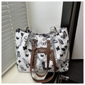 Canvas butterfly tote bag in white with black print and brown faux leather straps - Butterfly White