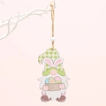 Easter gnome wooden pendant with green plaid hat and bunny ears hanging on a branch - Green Plaid Hat Style