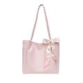 Rosa Tote-Bag mit Hahnentrittmuster, gewebten Griffen und dekorativem Kirsch-Seidenband - Rosa