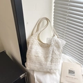 Elegant off-white lace tote bag with tiered floral patterns and a decorative side bow - With Pendant / White
