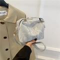 Silver-grey pleated PU leather handbag with metallic finish and gold zippers - Silver