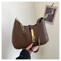 Detail of coffee brown leather shoulder bag with gold metal buckle and chain strap - Brown