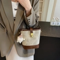 Retro canvas and brown leather bucket bag with gold clasp and plush charm - White and Brown (With Pendant)