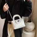 Elegant white quilted crossbody bag with heart lock and pearlescent chain strap finish - Pearl White