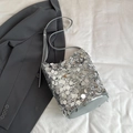 Sparkly silver sequin bucket bag for women with metallic strap and drawstring closure - Silver