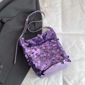 Chic purple sequin bucket bag with leather base and adjustable thin shoulder strap - Purple
