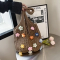 Braune Strohtasche mit bunten Häkelblumen und gewebter Hohlstruktur für Damen - Stil Eins Khaki Mit Blumen