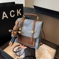 Vintage blue denim crossbody bag with brown leather trim and a cute rabbit doll charm - No Pendant / Blue