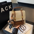 Retro canvas and leather mini crossbody bag in light grey with a knitted rabbit charm - No Pendant / Beige and Brown
