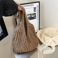 Braune geflochtene Tragetasche mit großer Netzstruktur und lässigem Strohgriff-Stil - Stil Zwei Khaki Ohne Blumen