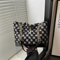 Chic black and white checkerboard tweed tote bag with metal chain and deer pendant - Black Grid