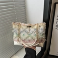 Large denim tote bag with rainbow star pattern, fringe details, and golden chain straps - Pentagram White