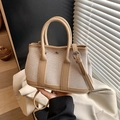 Canvas bucket tote bag in beige and brown with adjustable strap and top handles - Khaki