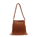 Brown frosted bucket bag featuring vintage tassels and leaf embroidery with shoulder strap - Brown
