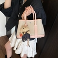 Pink leather trim canvas bucket bag with a cute bear charm for women - Pink with Bear Pendant