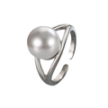 Elegant adjustable silver ring with a large white pearl and minimalist crossover design - Adjustable Open / Silver Base with White Pearl