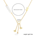 Golden butterfly necklace with pearl tassels and shell pendant shown with dimensions - Double Butterfly Pearl Necklace