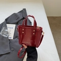 Mini wine red patent leather bucket bag with shiny finish and gold rivet details - No Pendant / Burgundy